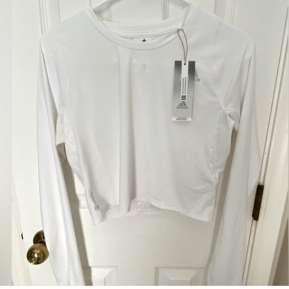 NEW Adidas Fast Flower crop mesh back shirt white size L